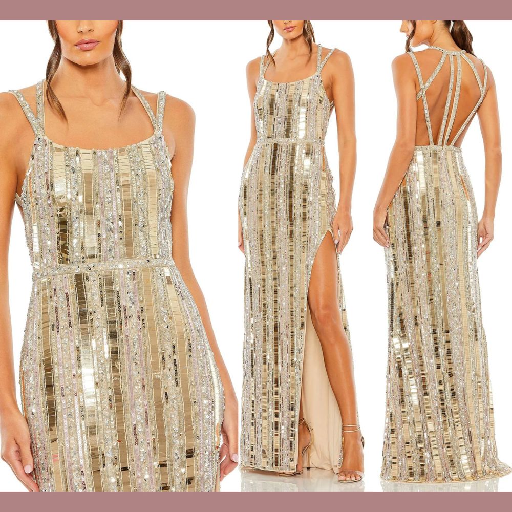 Nwt Mac Duggal [ 4 ] 93981 Halter Neck Embellished Detailed Back Gown Nude Gold